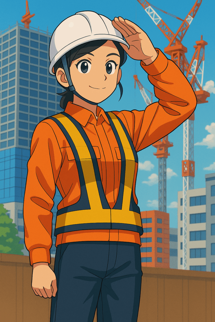 建設現場を背景に敬礼する女性警備スタッフのイラスト