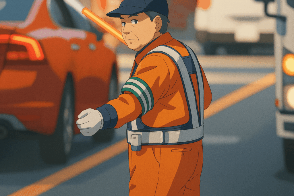 夕方の道路で誘導灯を持ち車両を停止させる警備スタッフのイラスト